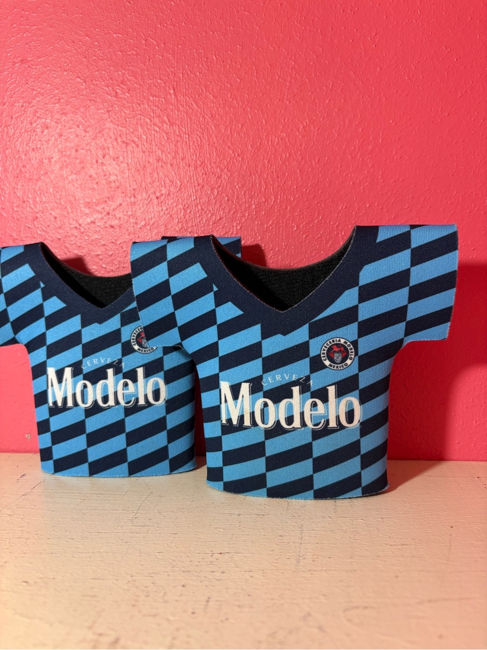 Modelo Blue Checkerboard FIFA 2026 Jersey Koozie Can Cooler 2pc Set Blue Cerveza